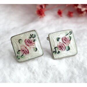 1940's Guilloche Floral Enameled Vintage Sterling Silver 925 Stud Earrings